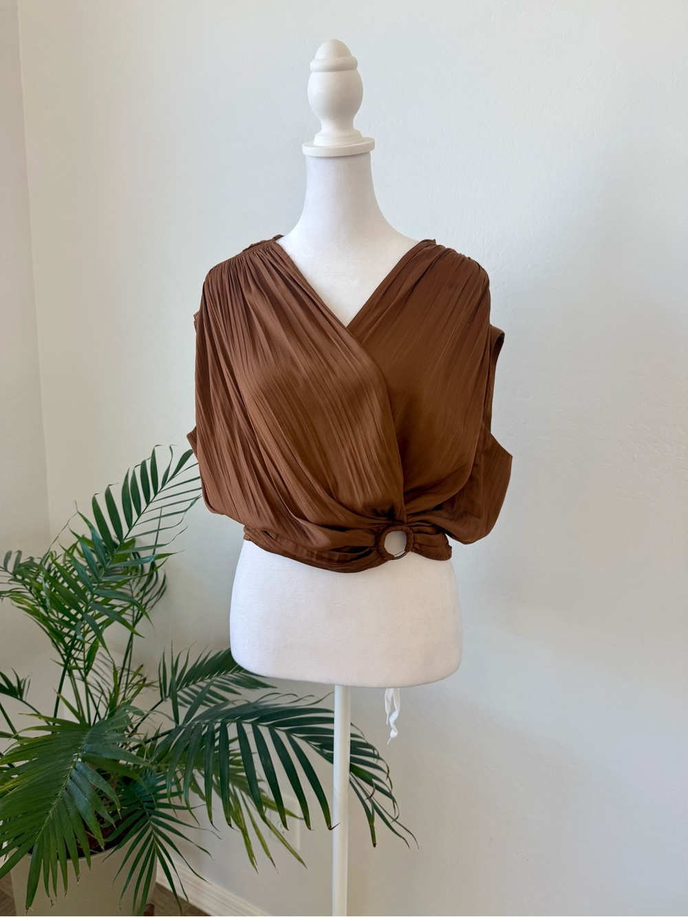 ANTHROPOLOGIE - Brown Pleated Wrap Top with Ring Detail